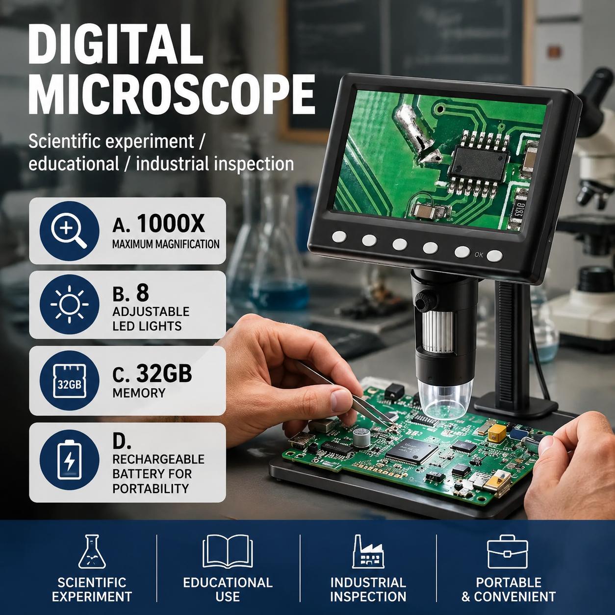 Diy Electronics Microscope - Microscopio d'Ispezione con Ingrandimento 1000x, Illuminazione